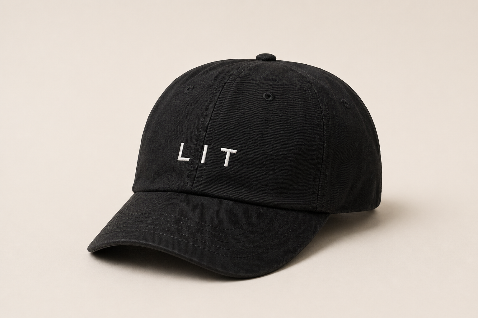 Off-black Lit Group cap with embroidered LIT compact wordmark.