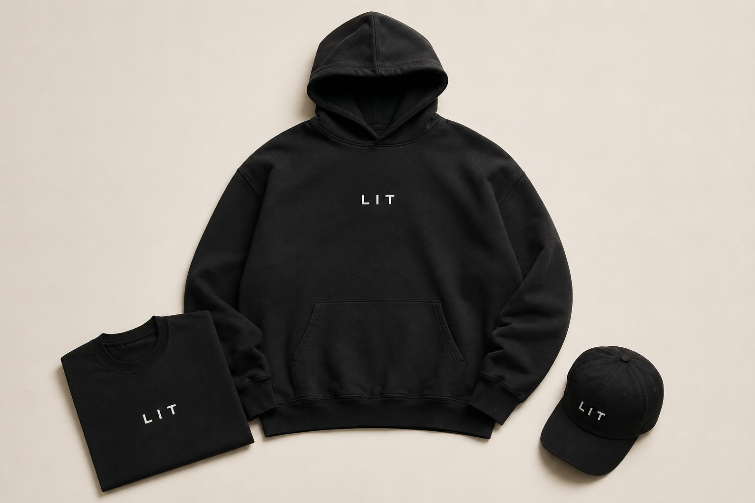 Black Lit Group hoodie with folded black t-shirt and black cap on a warm cream surface.