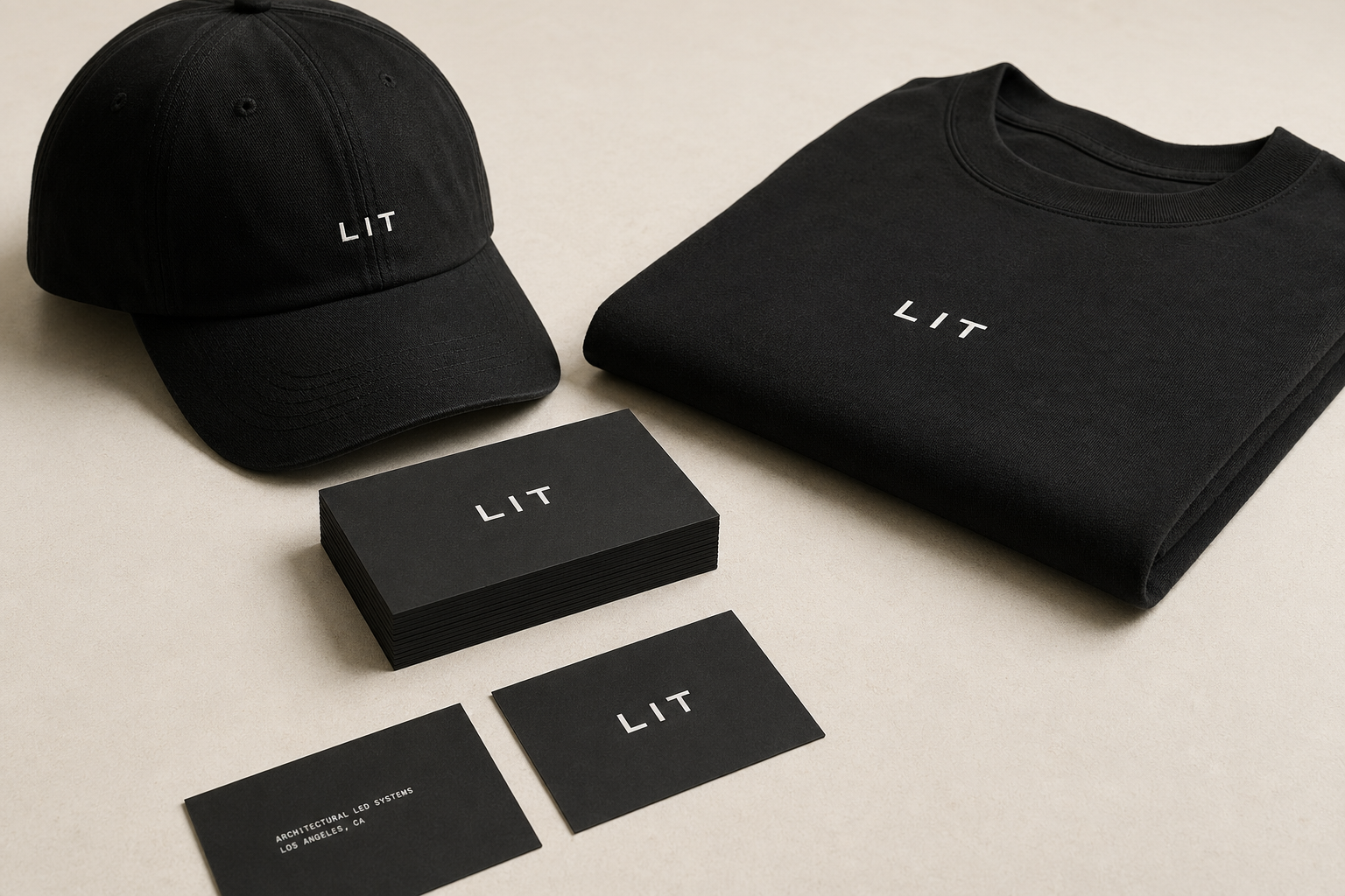 Detail of a black Lit Group cap, folded black t-shirt, and stack of black business cards on a cream surface.