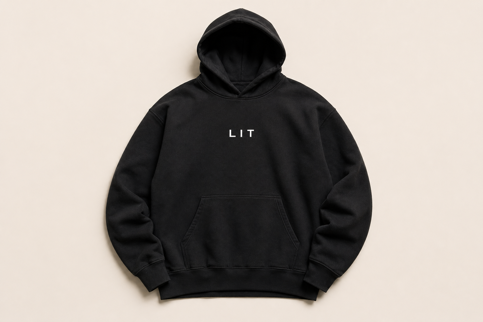 Off-black Lit Group hoodie with centered LIT compact wordmark &mdash; built for site visits.