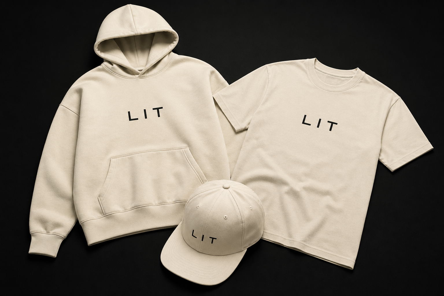 Cream Lit Group hoodie, t-shirt, and cap arranged on a black studio surface.
