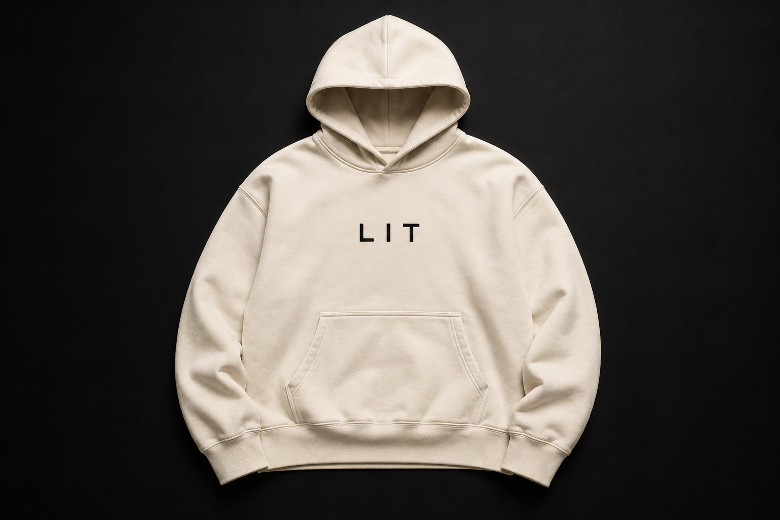 Warm cream Lit Group hoodie with centered LIT compact wordmark.
