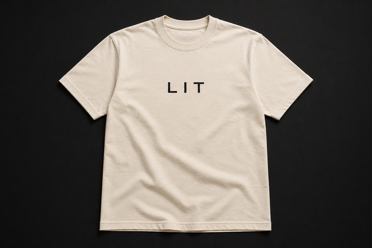 Warm cream Lit Group t-shirt with centered LIT compact wordmark.